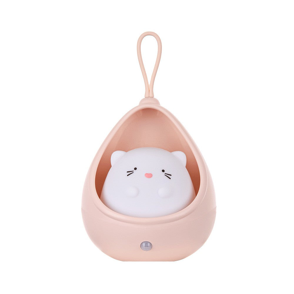 Lampa de veghe portabila cu 2 moduri de functionare, silicon non-toxic, reincarcabila USB, senzor miscare, roz, pisicuta