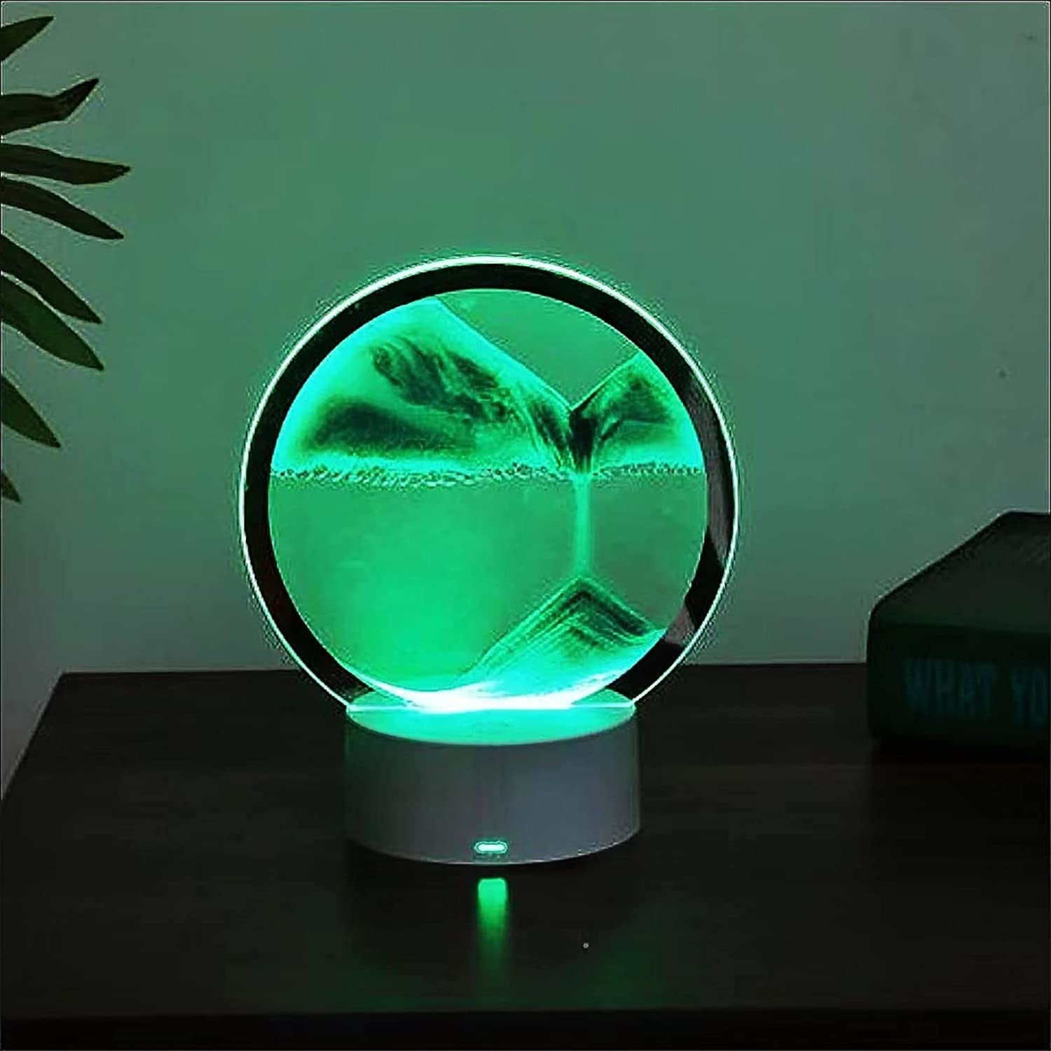 Lampa decorativa tip clepsidra Flippy, imagine 3D dinamica, nisipuri miscatoare, 16 x 18.5 cm, Verde