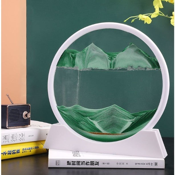 Clepsidra decorativa, imagine 3D dinamica, nisipuri miscatoare, 25x26.5 cm, cadru alb, Verde smarald