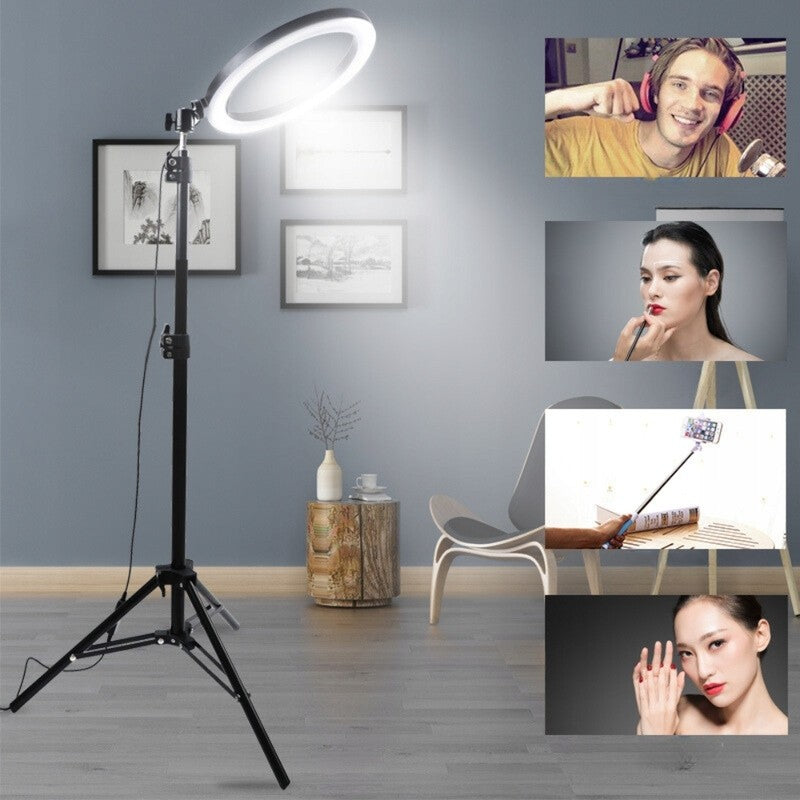 Lampa LED Circulara cu Trepied Metalic Extensibil, Flippy, Rotativa 360 de Grade, Lungime Extensie 210 cm, Diametru Lampa 26 cm, Conectare USB, Telecomanda, 3 Trepte de Lumina, Negru