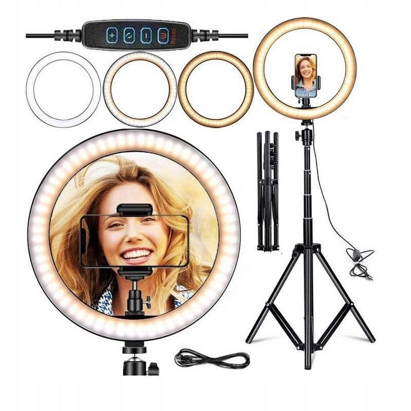 Lampa LED Circulara cu Trepied Metalic Extensibil, Flippy, Rotativa 360 de Grade, Lungime Extensie 210 cm, Diametru Lampa 26 cm, Conectare USB, Telecomanda, 3 Trepte de Lumina, Negru