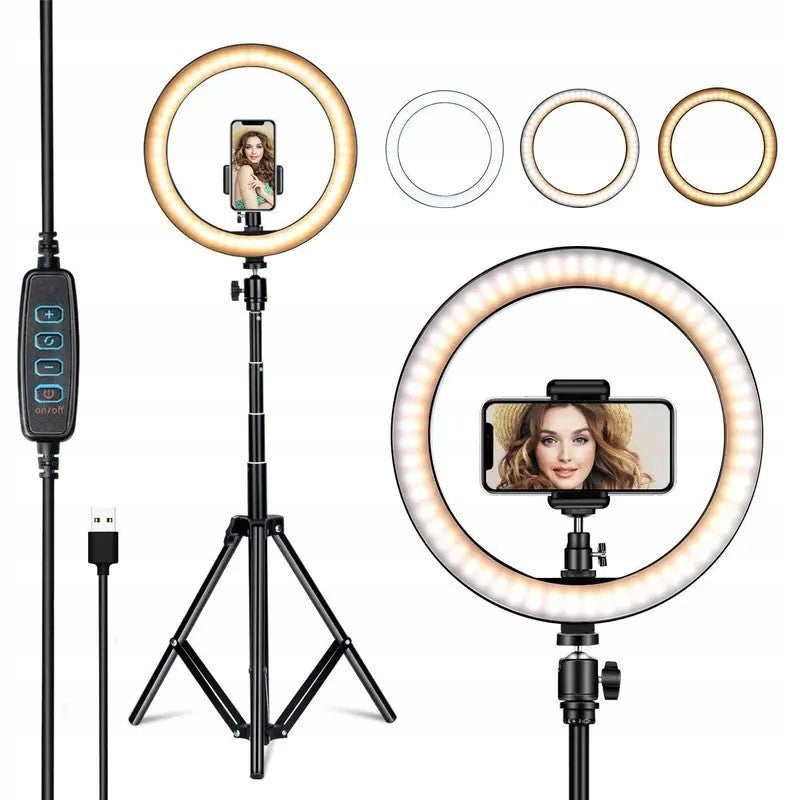 Lampa LED Circulara cu Trepied Metalic Extensibil, Flippy, Rotativa 360 de Grade, Lungime Extensie 210 cm, Diametru Lampa 26 cm, Conectare USB, Telecomanda, 3 Trepte de Lumina, Negru