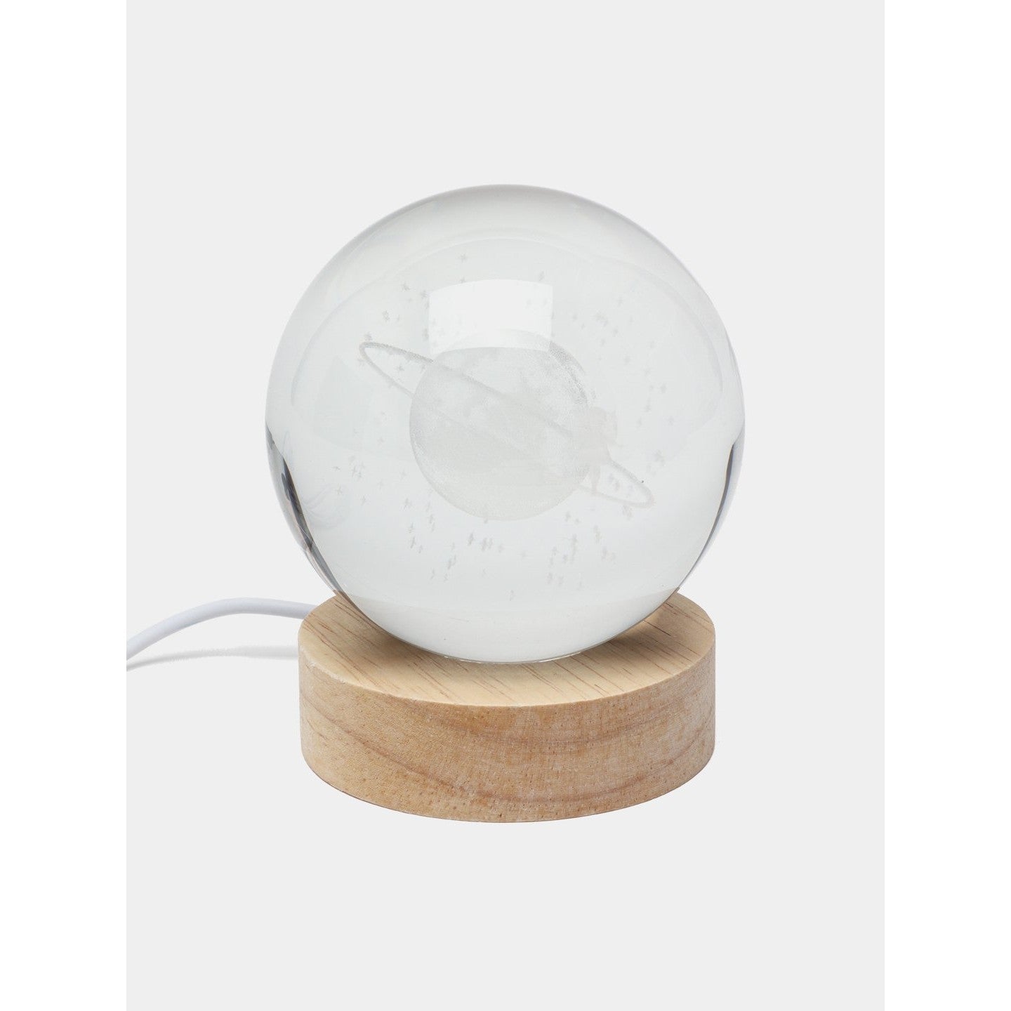 Lampa LED Decorativa, cu Bila de Cristal cu Diametru 6cm, Model Cer Instelat 3D, Alimentare USB, Suport din Lemn, Lumina Alb Cald