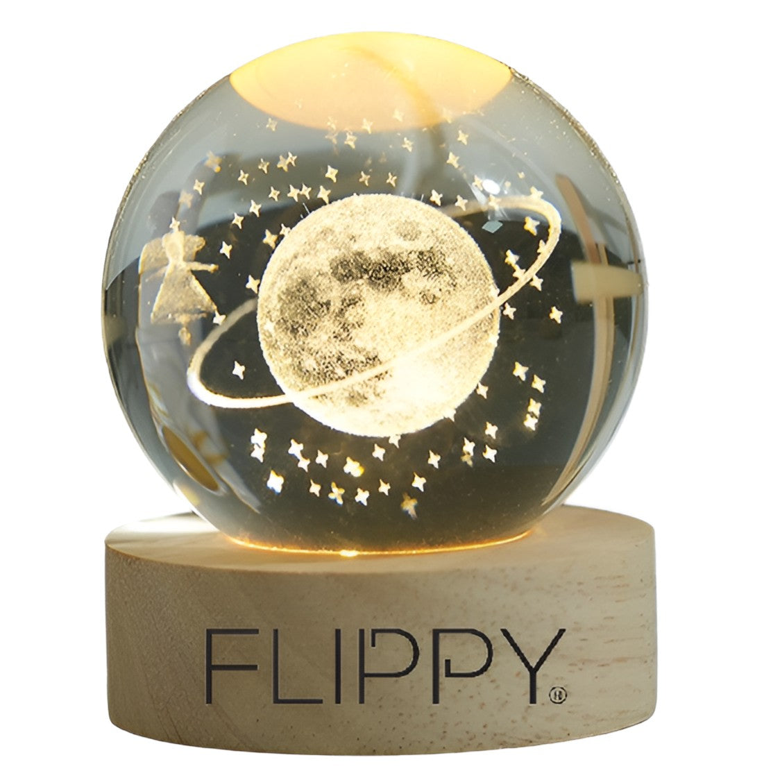 Lampa LED Decorativa, cu Bila de Cristal cu Diametru 6cm, Model Cer Instelat 3D, Alimentare USB, Suport din Lemn, Lumina Alb Cald