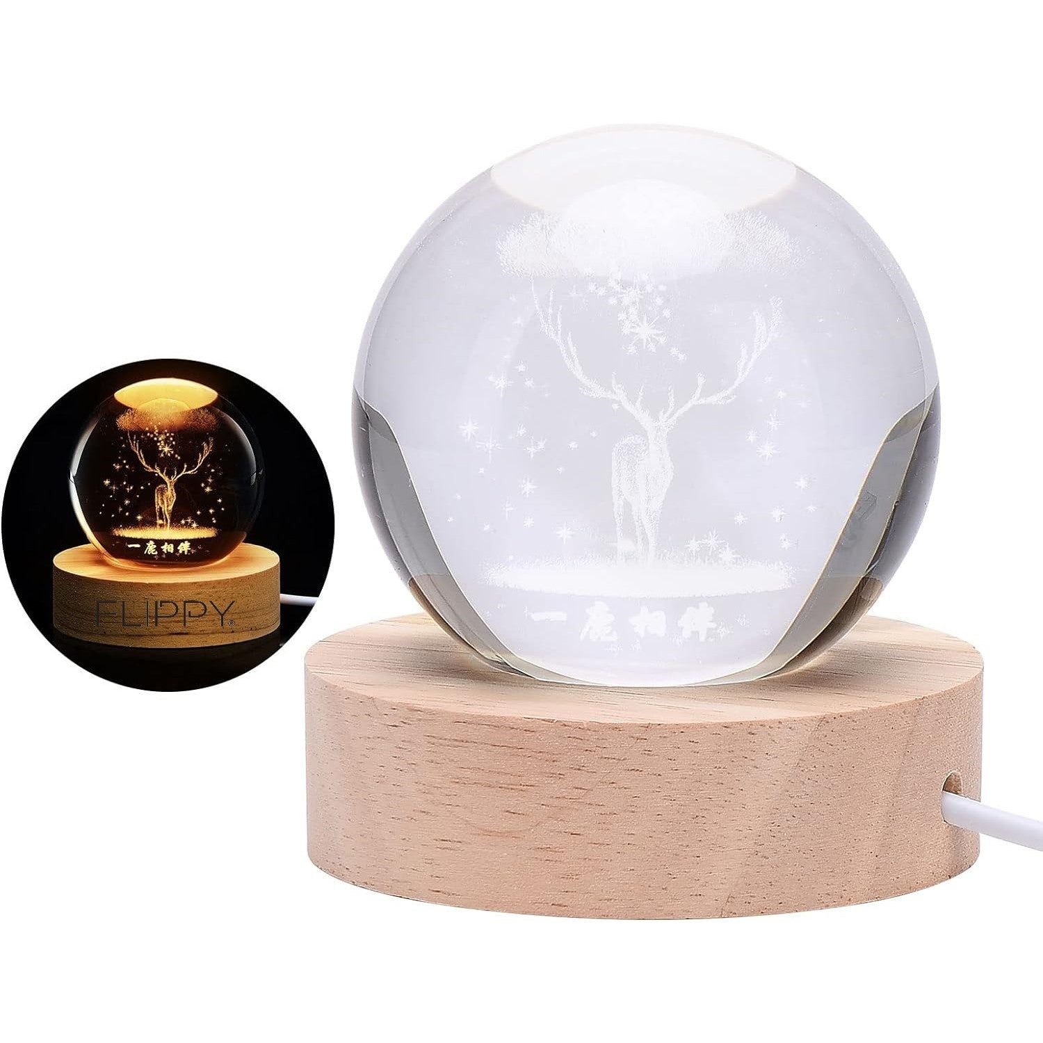 Lampa LED Decorativa, cu Bila de Cristal cu Diametru 6cm, Model Cerb 3D, Alimentare USB, Suport din Lemn, Lumina Alb Cald