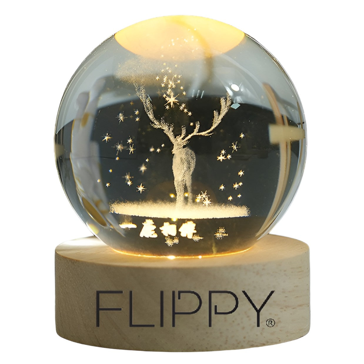 Lampa LED Decorativa, cu Bila de Cristal cu Diametru 6cm, Model Cerb 3D, Alimentare USB, Suport din Lemn, Lumina Alb Cald