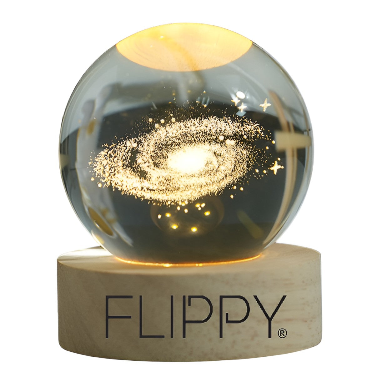 Lampa LED Decorativa, cu Bila de Cristal cu Diametru 6cm, Model Galaxie 3D, Alimentare USB, Suport din Lemn, Lumina Alb Cald