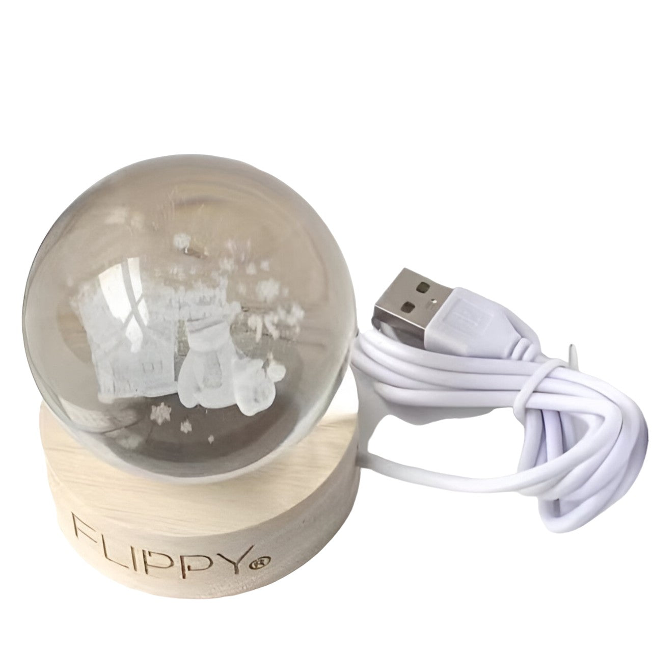 Lampa LED Decorativa, cu Bila de Cristal cu Diametru 6cm, Model Merry Christmas 3D, Alimentare USB, Suport din Lemn, Lumina Alb Cald