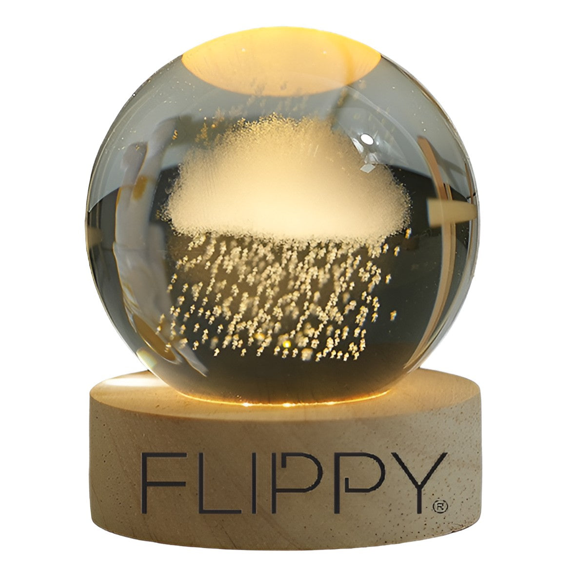 Lampa LED Decorativa, cu Bila de Cristal cu Diametru 6cm, Model Nor Ploios 3D, Alimentare USB, Suport din Lemn, Lumina Alb Cald