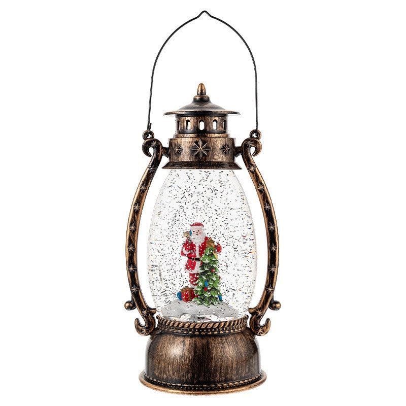 Decoratiune Craciun, Tip Felinar, Figurine Mos Craciun cu Bradul, 3 Moduri, Functie Muzicala, Zapada in Miscare, Functioneaza Cu Baterii ( 3 x AA neincluse), Cablu USB (Inclus), Model Vintage Negru - Auriu, 13.5 x 11 x 25.5 cm, Alb Cald