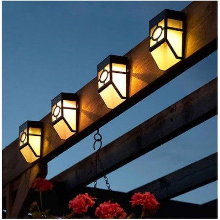 Set 4 Lampi Solare Led pentru Gradina, Model Geometric, 11.8 x 8.6 x 5 cm, Buton On-Off, Alb Cald, Negru/Alb