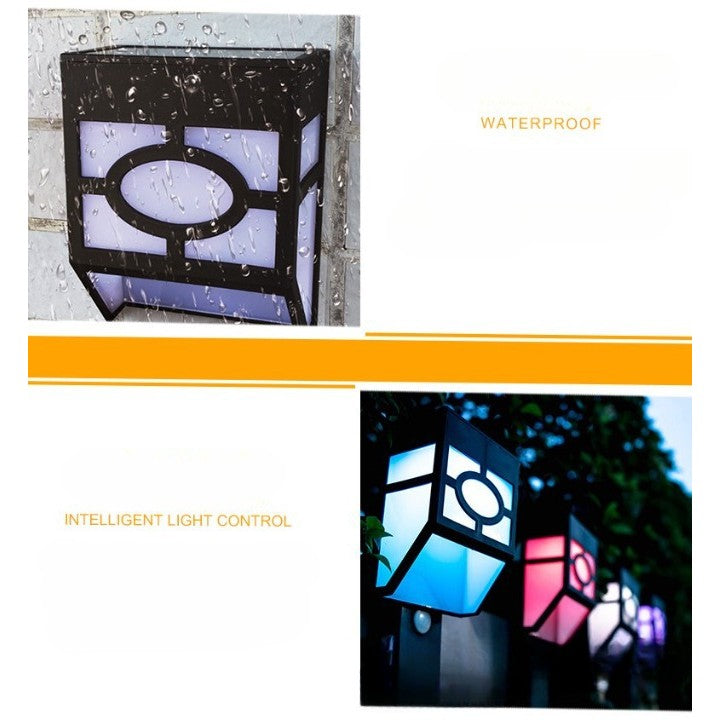Set 4 Lampi Solare Led pentru Gradina, Model Geometric, 11.8 x 8.6 x 5 cm, Buton On-Off, Lumina Multicolora, Negru/Alb