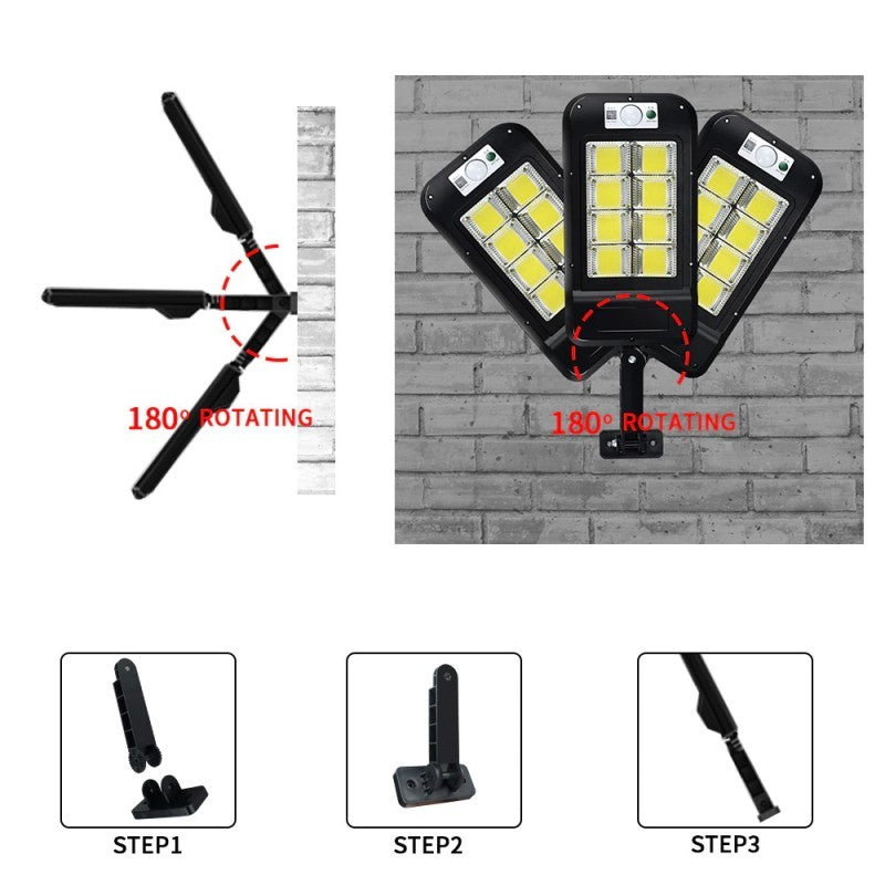Lampa Solara De Exterior LED, 36 cm x 11.5 cm, kit montare inclus, 2880 Lumeni 120 COB LED 24 W - echivalent 192 W bec incadescent, IP65, Senzor de Miscare, 3 moduri de iluminare, Senzor de Lumina, 12 Grile, Alb Rece