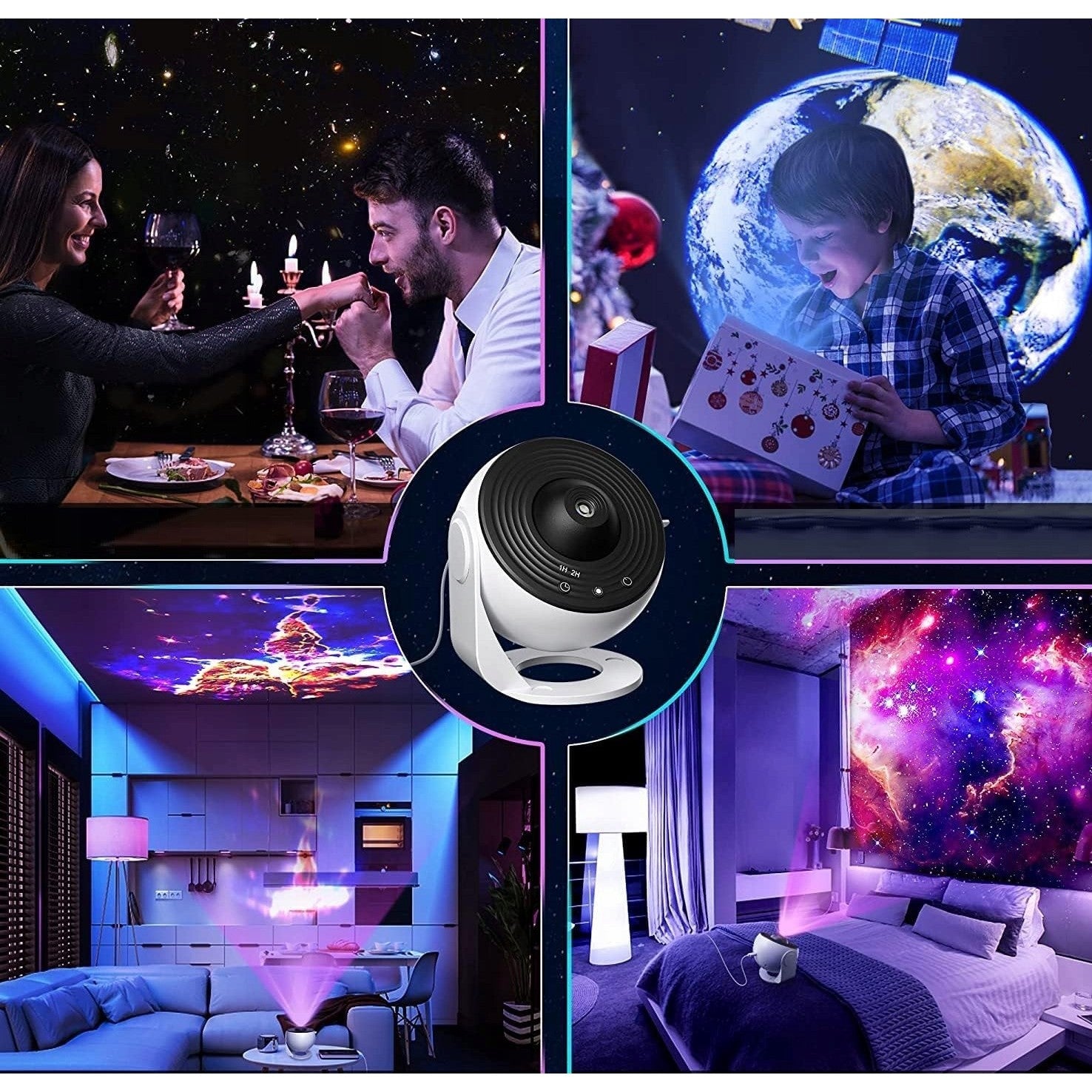 Lampa Tip Proiector Galaxie, pentru Dormitor, Tematica Cer Instelat, Model Glob, HD, Rotire 360 de Grade, 20 de Imagini, Incarcare USB, 10 W, 15x15 cm, Alb Negru