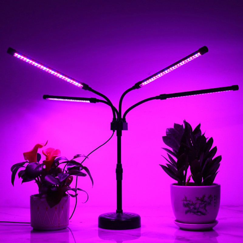 Lampa UV pentru cresterea plantelor, Alimentare cu USB, 20W, 4 capete, 96 LED-uri, 9 nivele lumina, Timer, Inaltime Ajustabila pana la 65 cm Lumina Mov