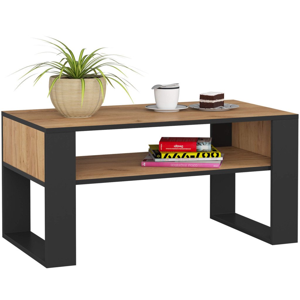 Masuta de cafea Domi cu raft inferior, blat laminat, 92x50x45 cm, stejar craft si negru