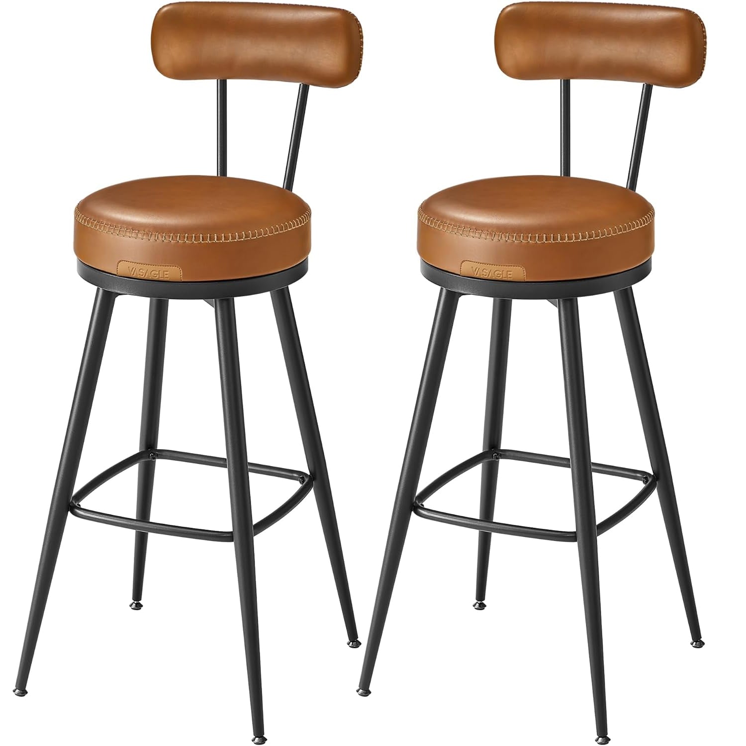VASAGLE set 2 scaune de bar rotative 360°, cu spatar, inaltime 101 cm, piele sintetica, cadru otel, stil modern, maro