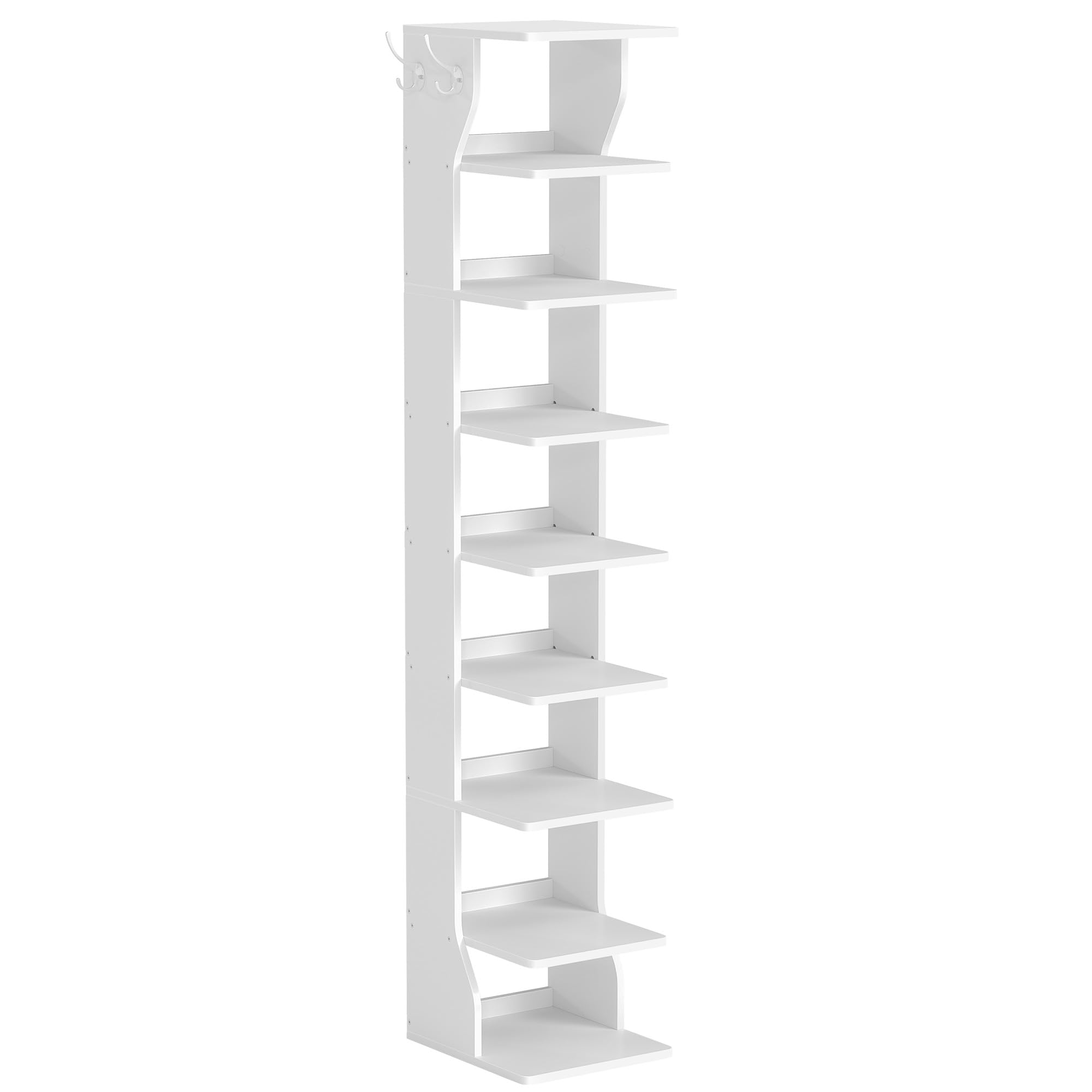 VASAGLE Raft pantofi pentru spatii inguste, 9 niveluri, cu carlige laterale, montaj pe podea, 26x30x147 cm, alb