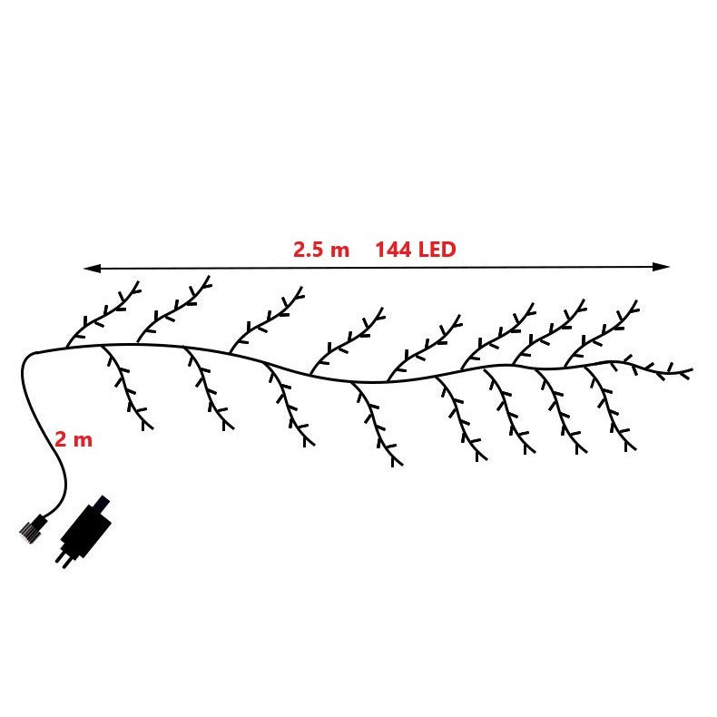 Instalatie Craciun tip Creanga 144 LED-uri, Conectare la Retea, 8 Jocuri de Lumini, Telecomanda, 2.5 m, Prelungitor 2 m, 3V, 1.5V, Fir Negru, Alb Cald