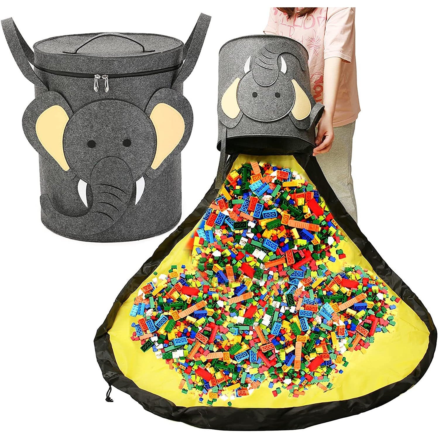 Cutie de Depozitare 2In1, Impermeabila, Covor pentru Jucarii si Lego 150cm, Capacitate Mare, cu Manere, cu Sfori, Inaltime 40cm, Model Elefan, Gri