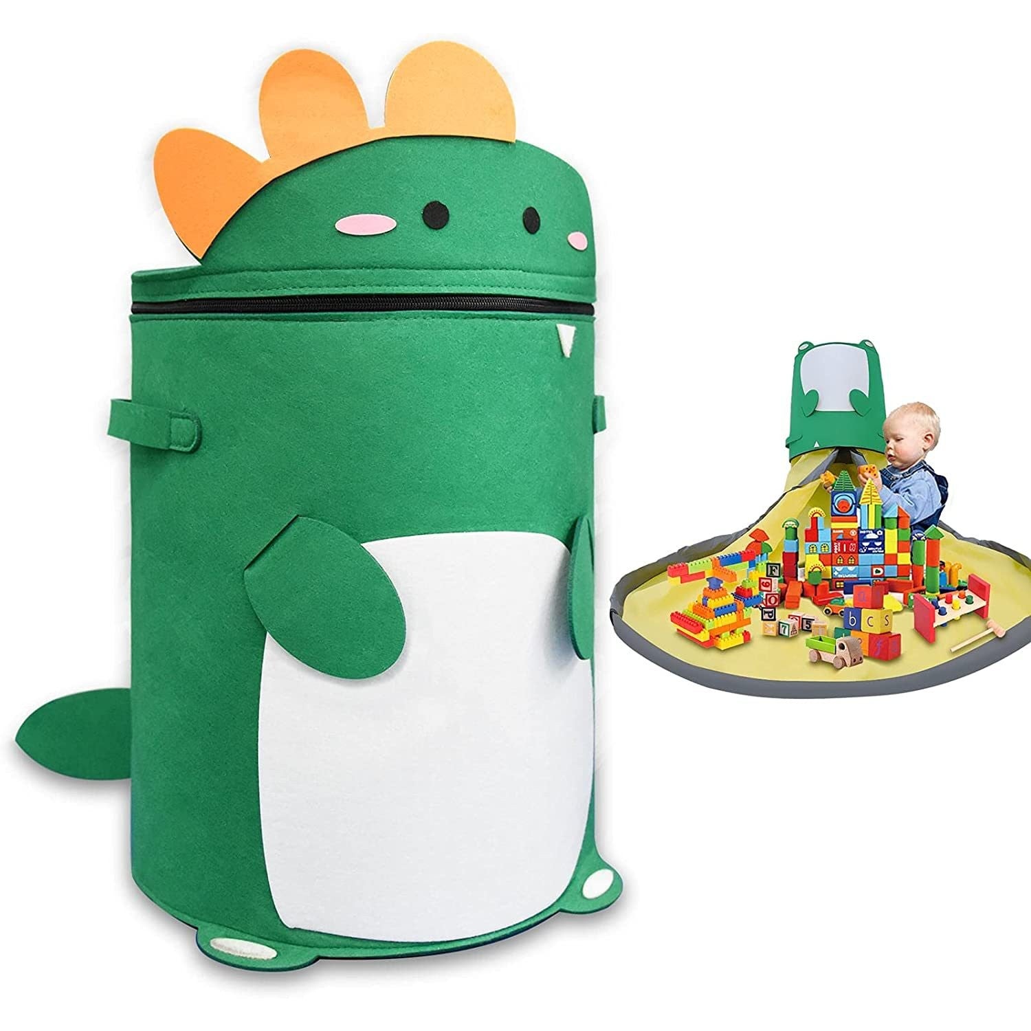 Cutie de Depozitare 2In1, Impermeabila, Covor pentru Jucarii si Lego 150cm, Capacitate Mare, cu Manere, cu Sfori, Inaltime 40cm, Model Dinozaur, Verde