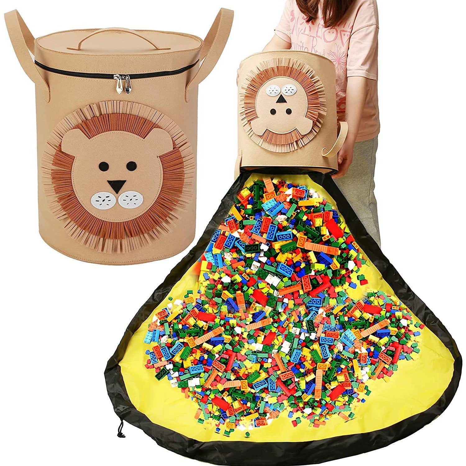 Cutie de Depozitare 2In1, Impermeabila, Covor pentru Jucarii si Lego 150cm, Capacitate Mare, cu Manere, cu Sfori, Inaltime 40cm, Model Leu, Maro
