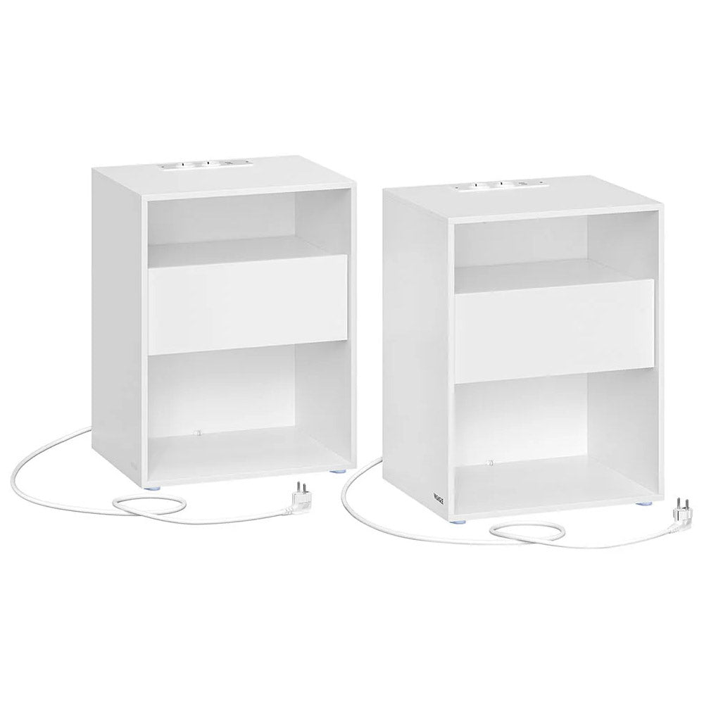VASAGLE Set 2 noptiere cu porturi USB si prize, sertar si rafturi deschise, 45x35x58 cm, alb mat
