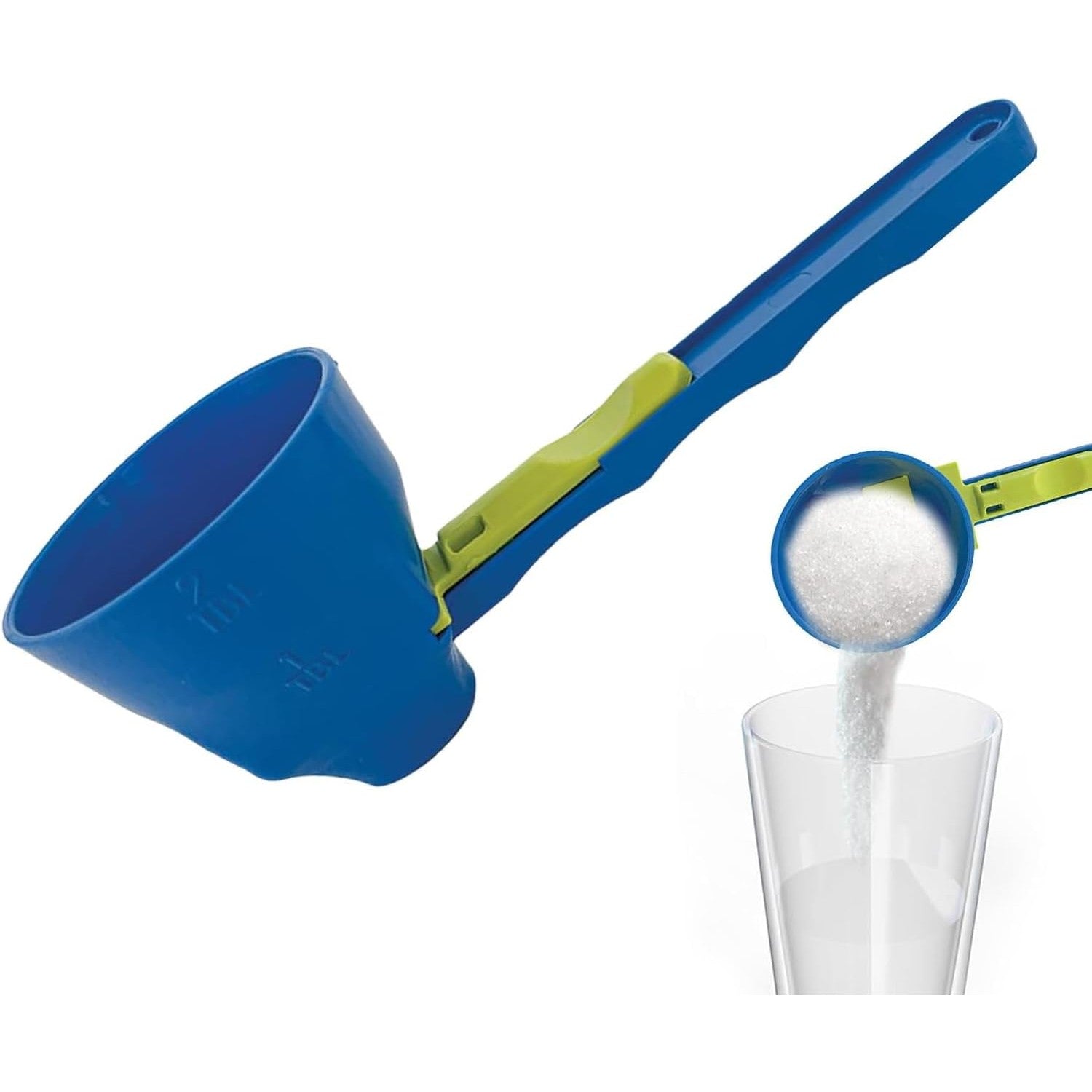 Lingura Gradata, Tip Palnie, din Plastic, Coada Lunga, 8 x 8 x 3 cm, Albastru/Verde