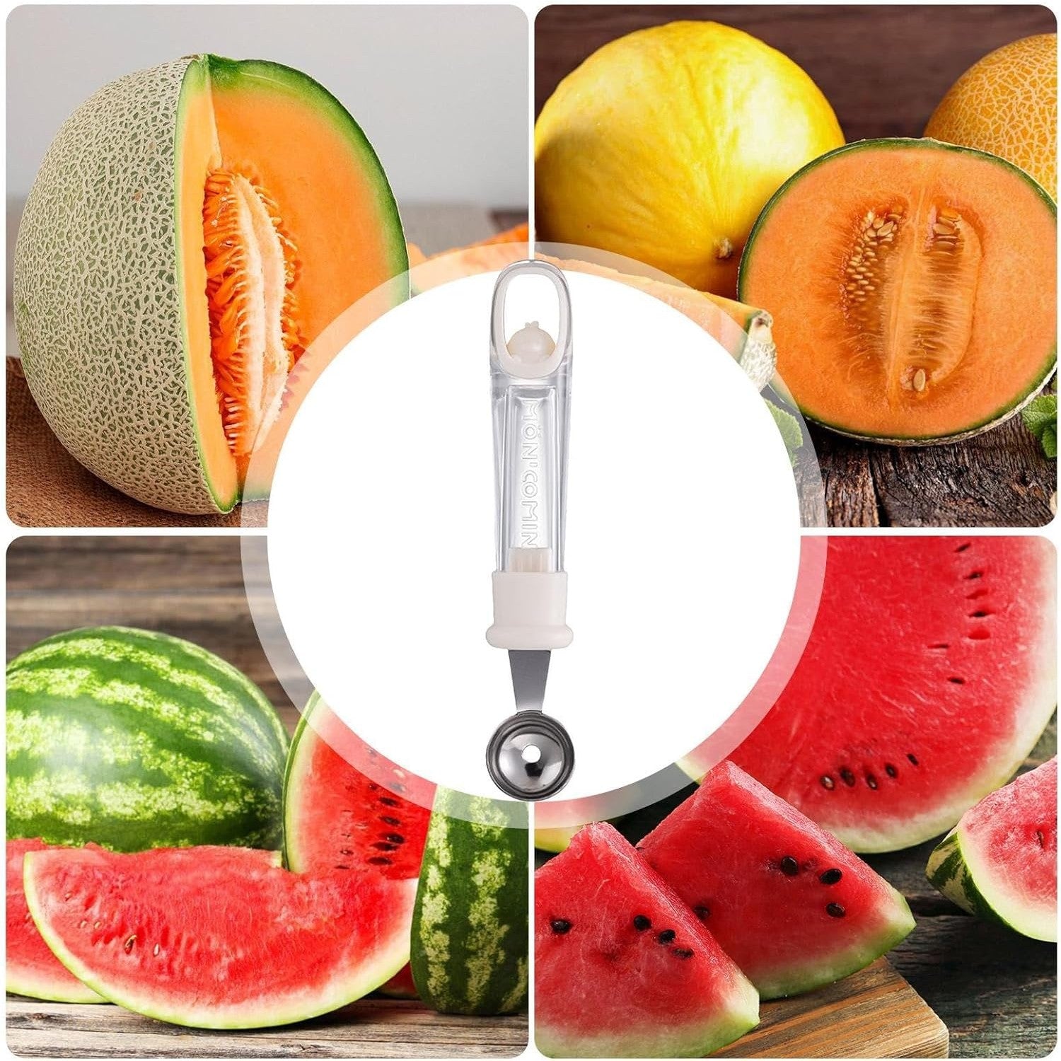 Lingura pentru Bile de Fructe, Scobitor Fructe, Ustensila Multifunctionala pentru Fructe, Accesoriu de Bucatarie, Lingura Antialunecare pentru Salata de Fructe, 17.6 x 2.9 cm, Bej