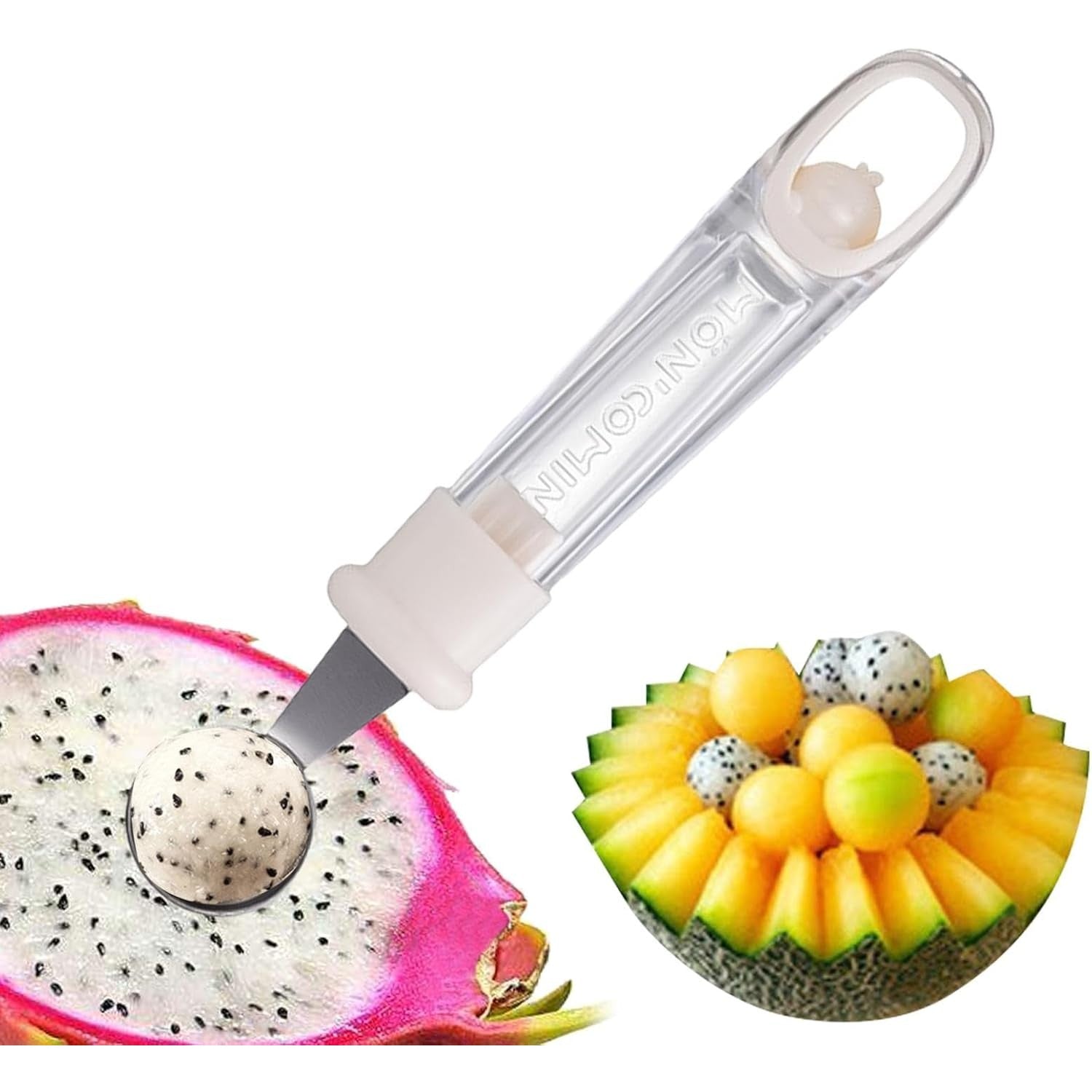 Lingura pentru Bile de Fructe, Scobitor Fructe, Ustensila Multifunctionala pentru Fructe, Accesoriu de Bucatarie, Lingura Antialunecare pentru Salata de Fructe, 17.6 x 2.9 cm, Bej