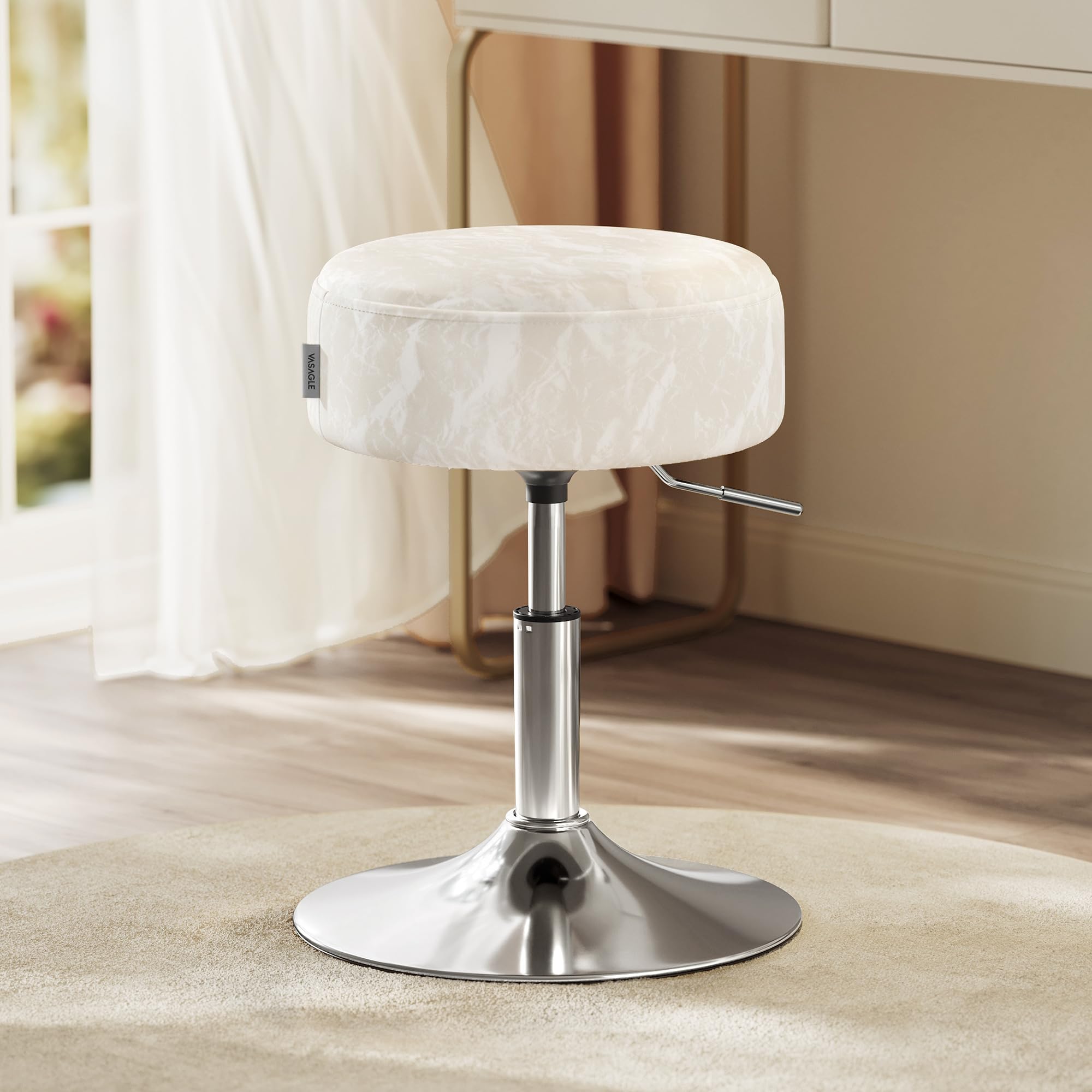 VASAGLE Taburet pentru masa machiaj, reglabil pe inaltime, rotativ 360°, sezut capitonat, 39x39x58 cm, alb crem