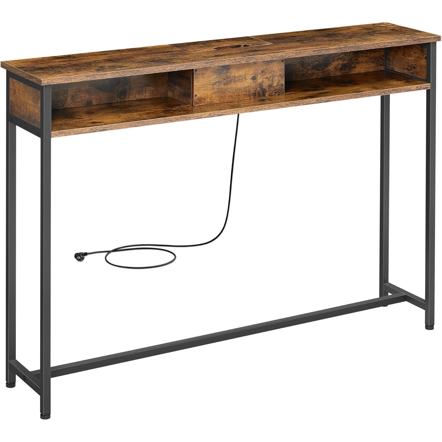 VASAGLE Masa tip consola ingusta, cu 2 prize si 2 porturi USB incorporate, 120x25x81 cm, maro rustic