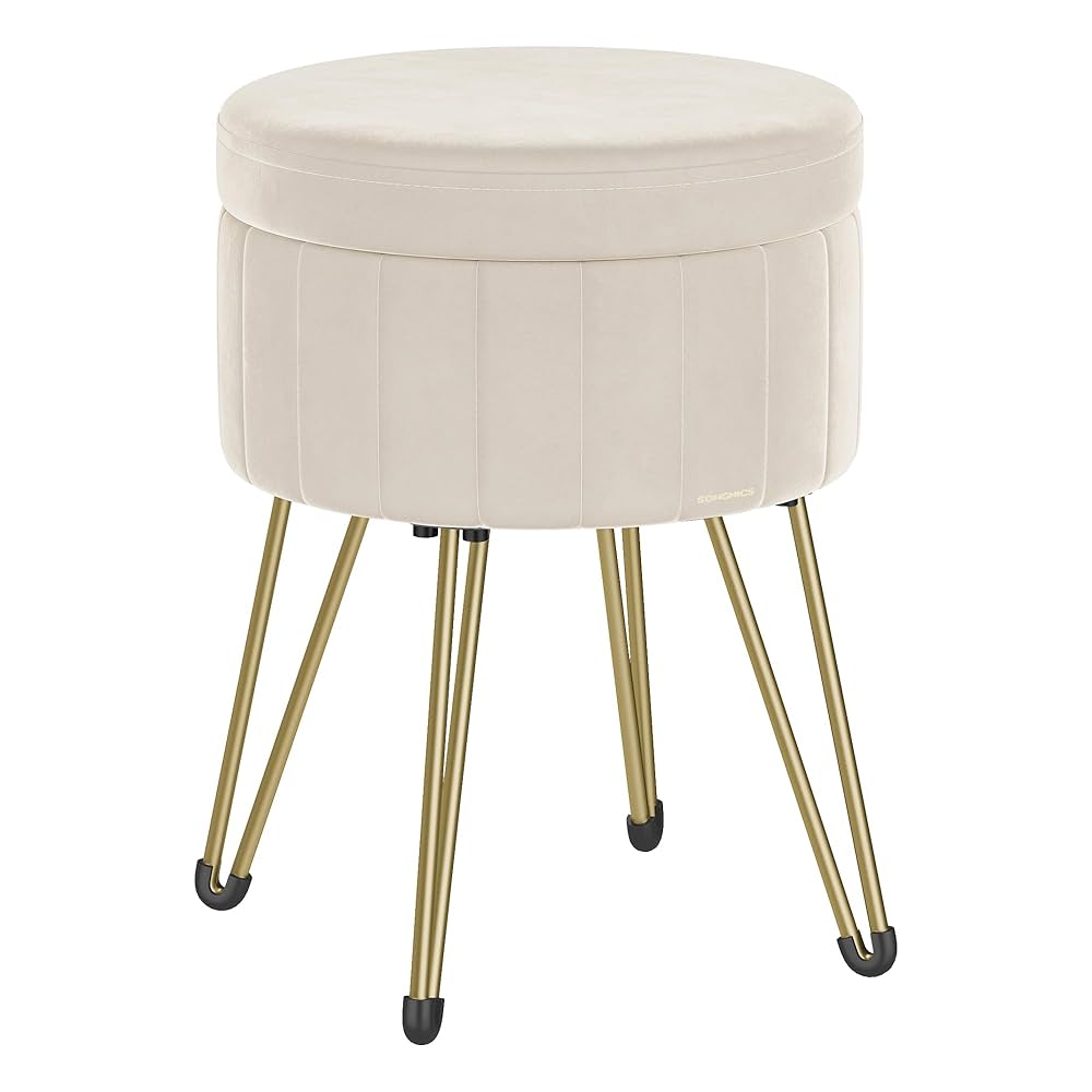 SONGMICS Taburet rotund cu spatiu de depozitare, tapitat catifea, 32x39x44 cm, crem