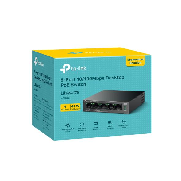 SWITCH TP-LINK 5 porturi 10/100 Mbps, 4-Port PoE carcasa metalica "LS105LP"