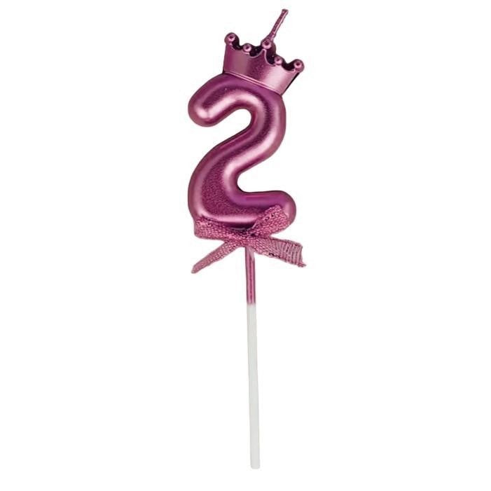 Lumanare Cifra 2, Model Coroana cu Fundita, Pentru Tort, 6 x 2.5 cm Mov