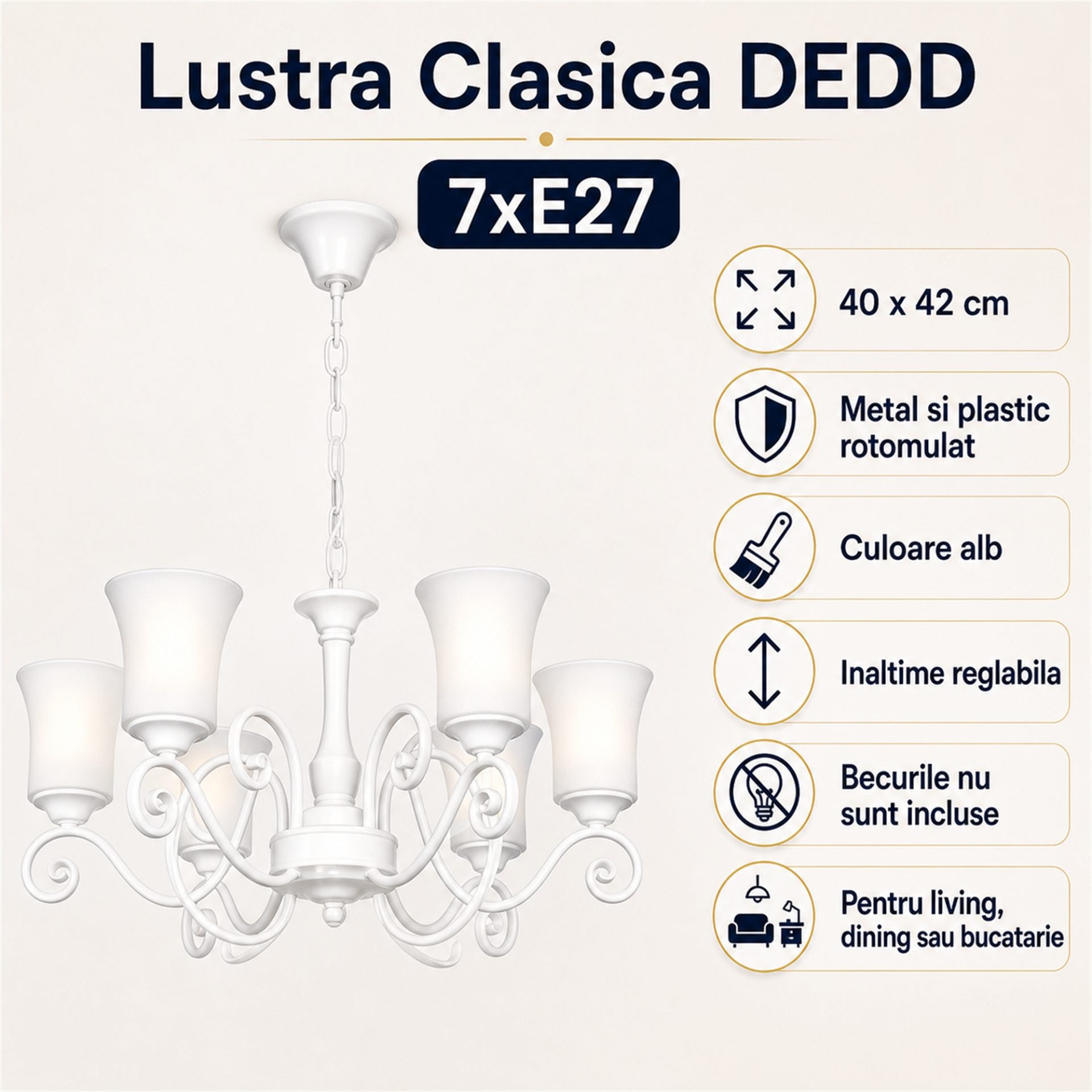 Lustra Clasica DEDD, 7xE27, 40x42cm, Metal si Plastic rotomulat, Alb, Inaltime Reglabila