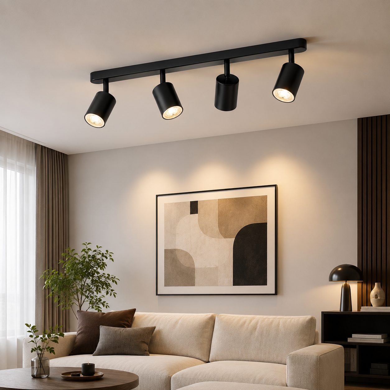 Lustra Clasica Moderna Joom, Proiector Liniar cu 4 Spoturi Orientabile, Soclu GU10, Metal Negru Mat, 54 cm, Becuri Neincluse