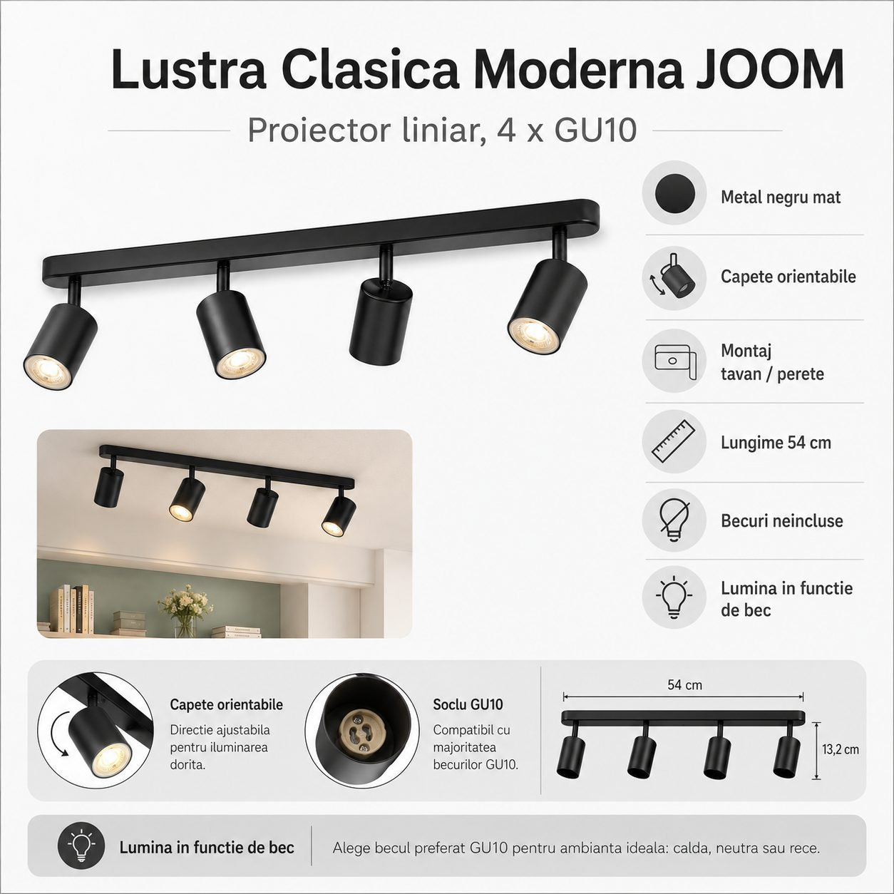 Lustra Clasica Moderna Joom, Proiector Liniar cu 4 Spoturi Orientabile, Soclu GU10, Metal Negru Mat, 54 cm, Becuri Neincluse