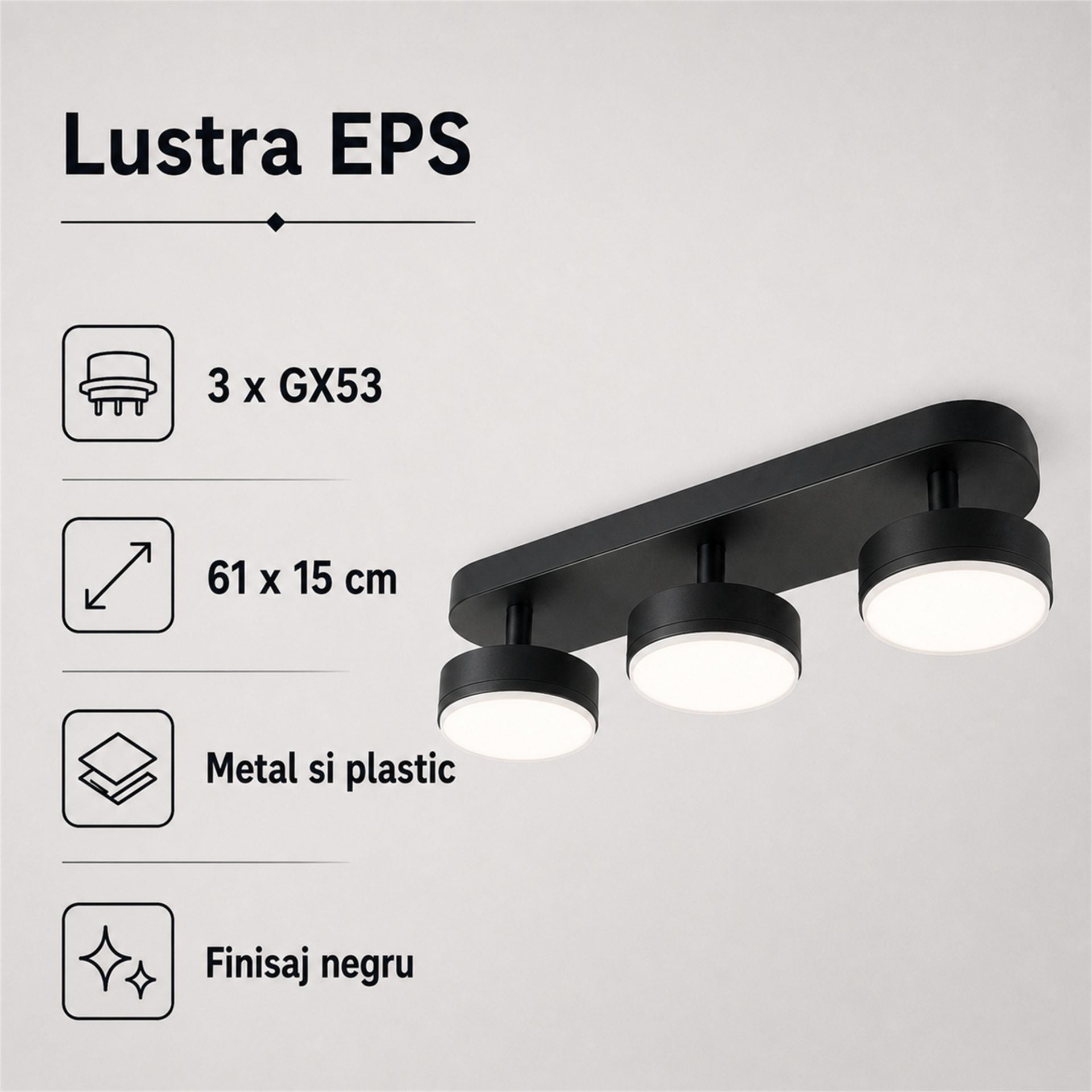 Lustra EPS, 3xGX53, 61x15cm, Metal si Plastic, Negru
