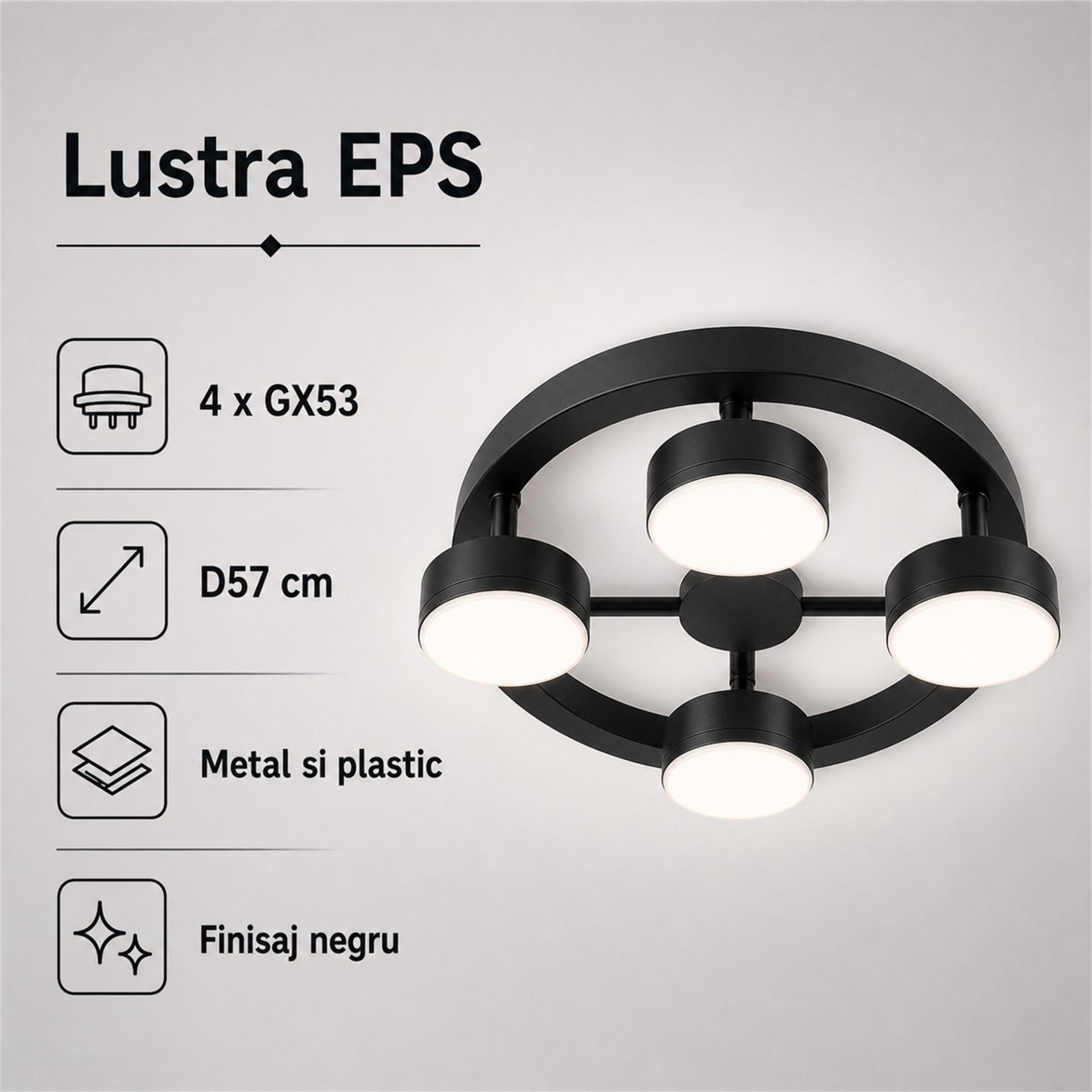 Lustra EPS, 4xGX53, D57cm, Metal si Plastic, Negru