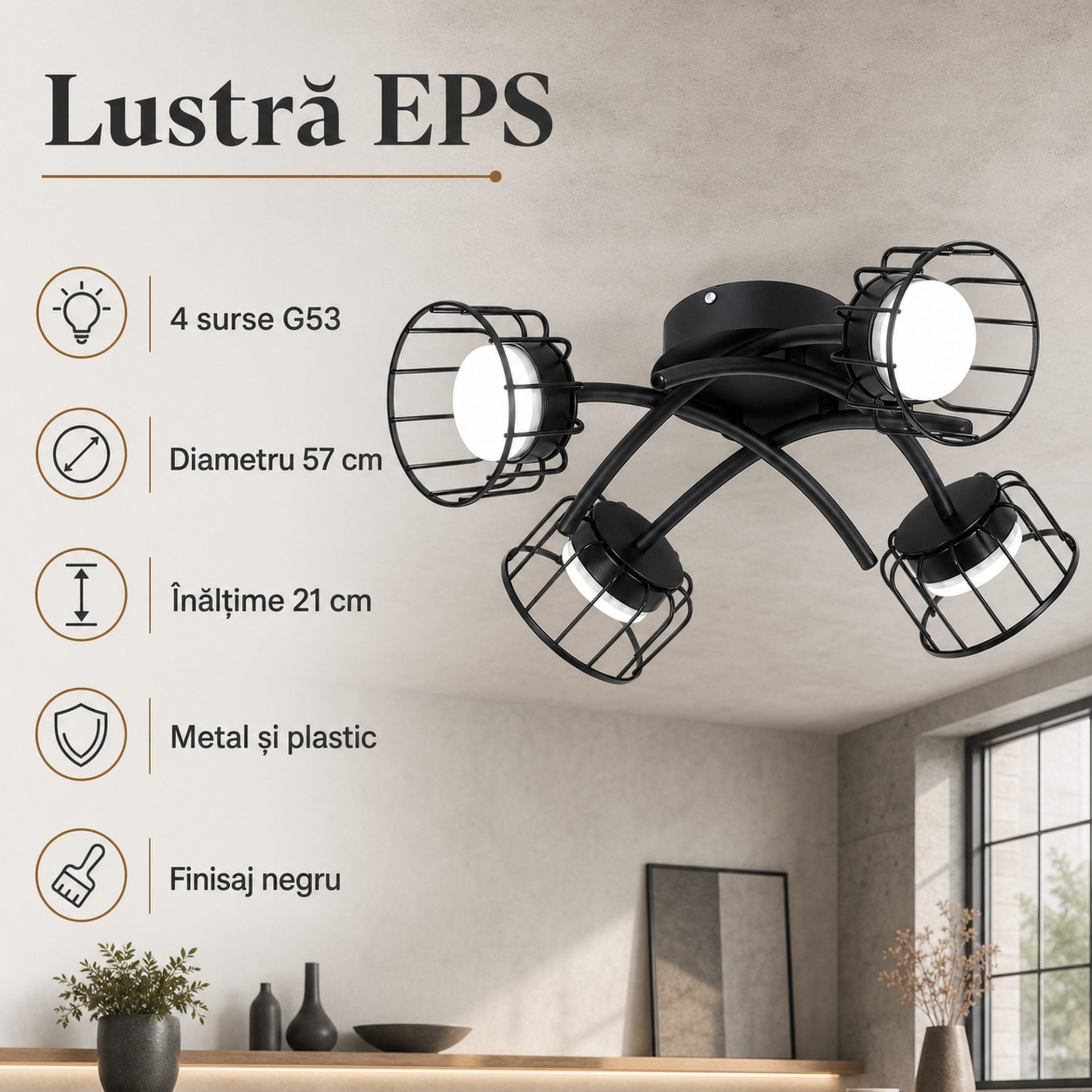 Lustra EPS, 4xGX53, D57cm, Metal si Plastic, Negru