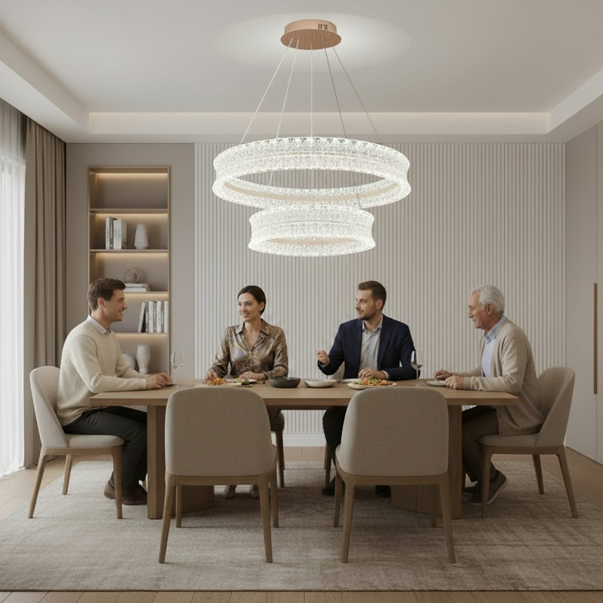 Lustra LED Cristal cu telecomanda, 118W, Lumina Calda/Neutra/Rece, Φ60 cm, Inaltime Reglabila, Metal si Cristal, Auriu