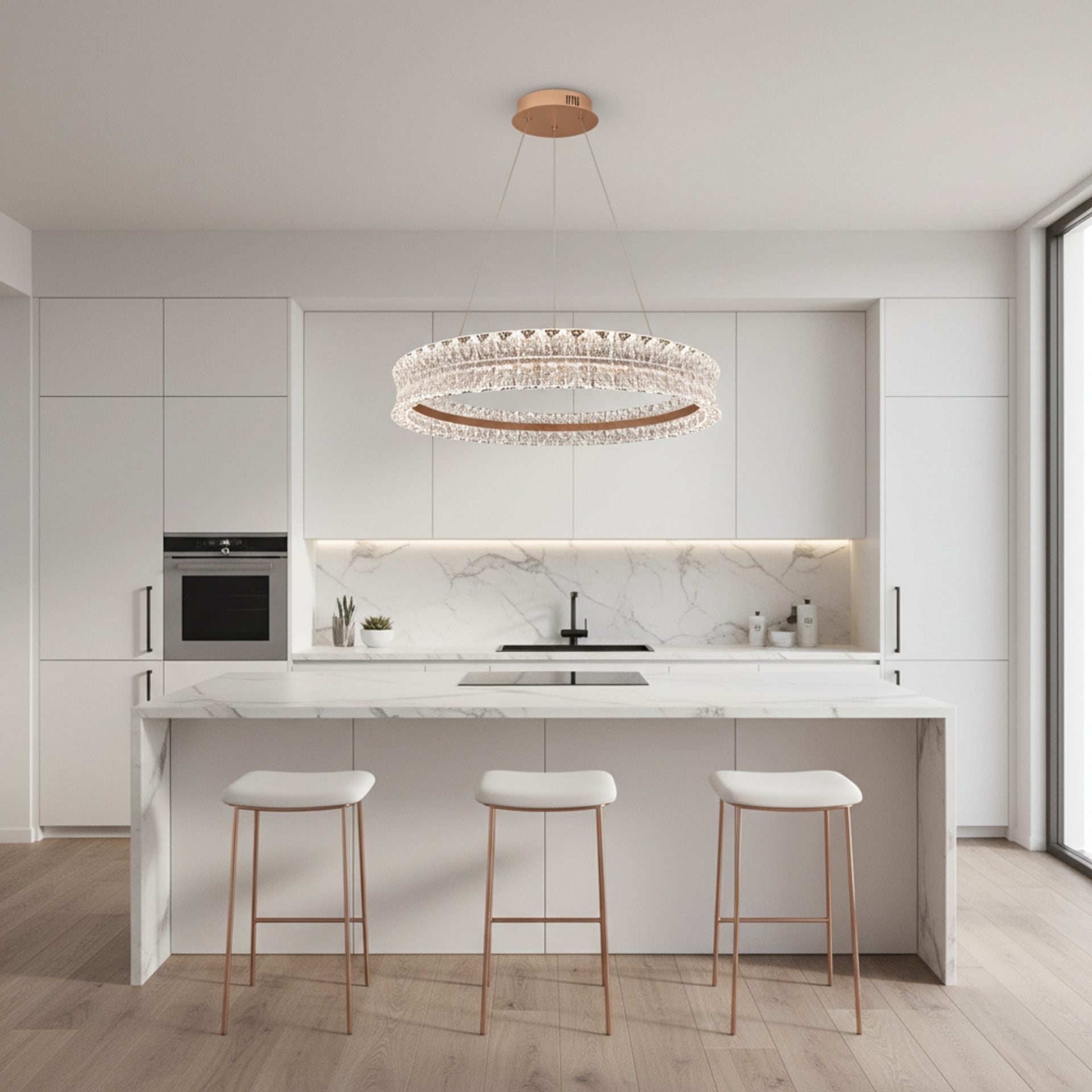 Lustra LED Cristal cu telecomanda, 49W, Lumina Calda/Neutra/Rece, Φ40 cm, Inaltime Reglabila, Metal si Cristal, Auriu