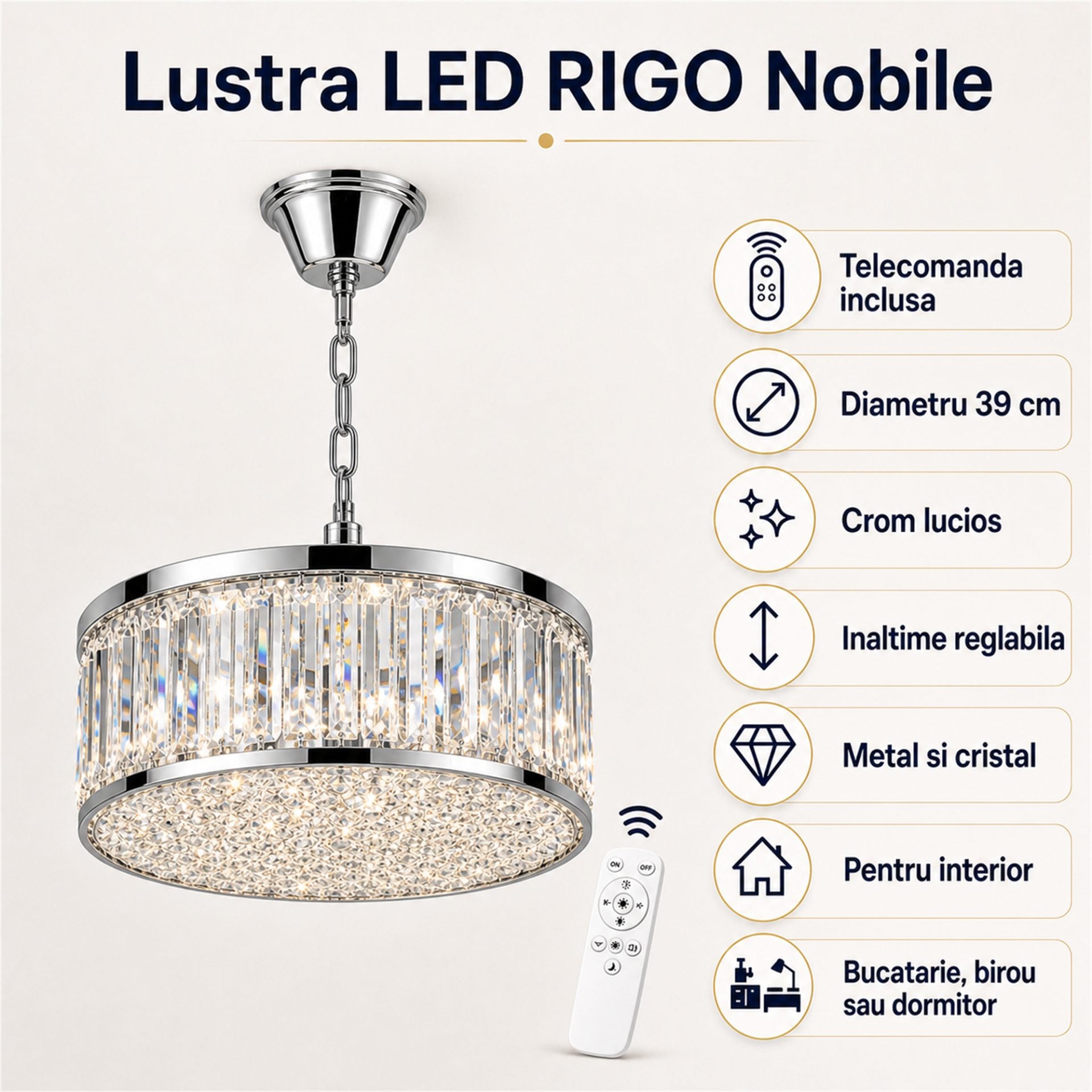 Lustra LED Cristal RIGO cu telecomanda Nobile Diametru 39cm, Crom Lucios, Inaltime Reglabila, Metal si Cristal