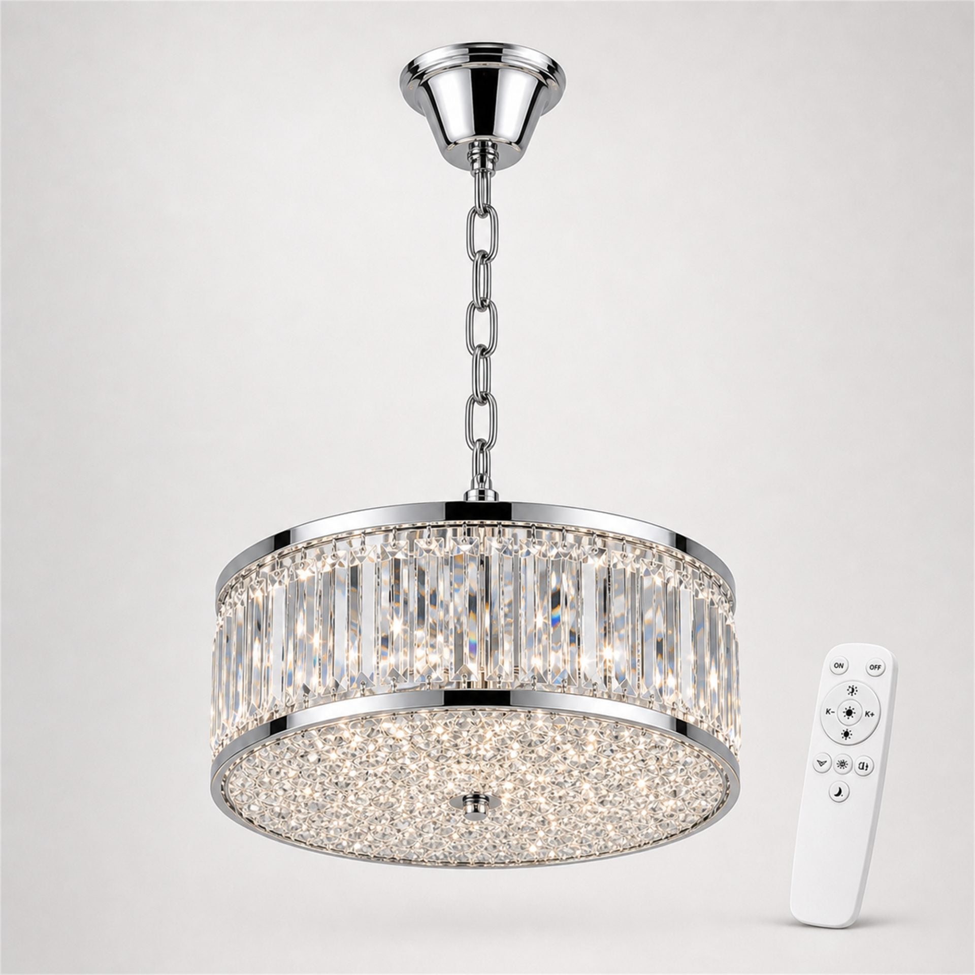 Lustra LED Cristal RIGO cu telecomanda Nobile Diametru 39cm, Crom Lucios, Inaltime Reglabila, Metal si Cristal