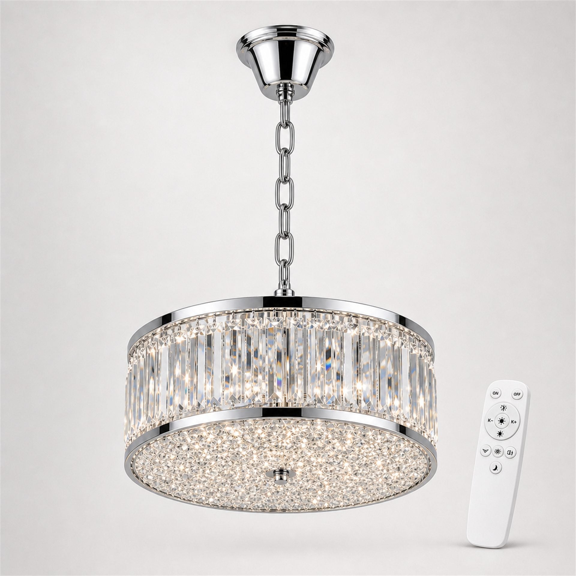 Lustra LED Cristal RIGO cu telecomanda Nobile Diametru 39cm, Crom Lucios, Inaltime Reglabila, Metal si Cristal