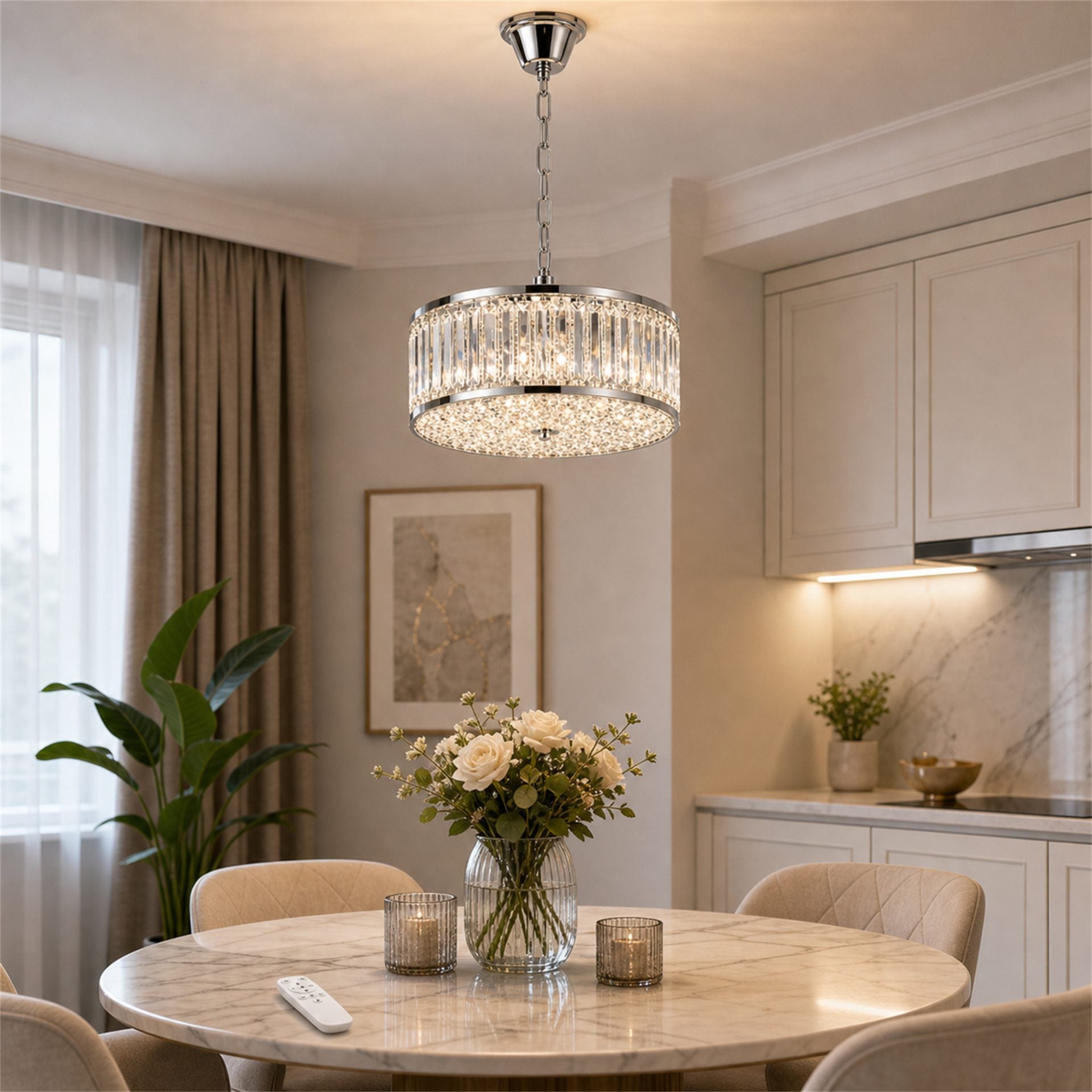 Lustra LED Cristal RIGO cu telecomanda Nobile Diametru 39cm, Crom Lucios, Inaltime Reglabila, Metal si Cristal