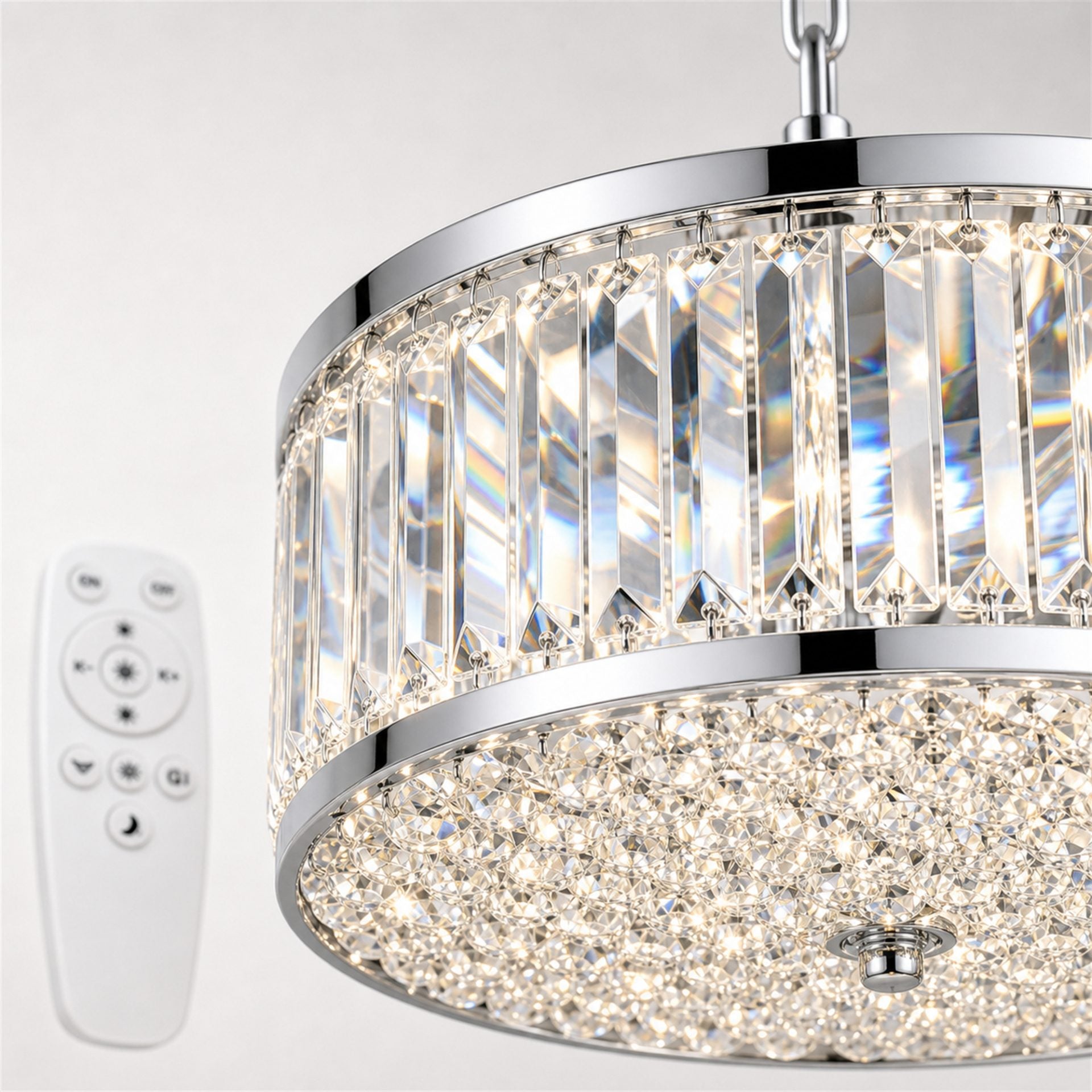 Lustra LED Cristal RIGO cu telecomanda Nobile Diametru 39cm, Crom Lucios, Inaltime Reglabila, Metal si Cristal