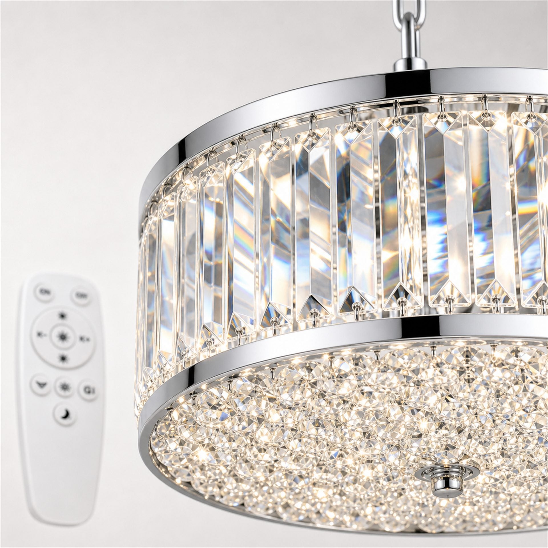 Lustra LED Cristal RIGO cu telecomanda Nobile Diametru 39cm, Crom Lucios, Inaltime Reglabila, Metal si Cristal