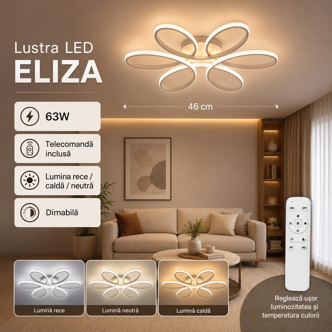 Lustra LED cu telecomanda ELIZA, 63W, lumina Rece/Calda/Neutra, Dimabila, Alb